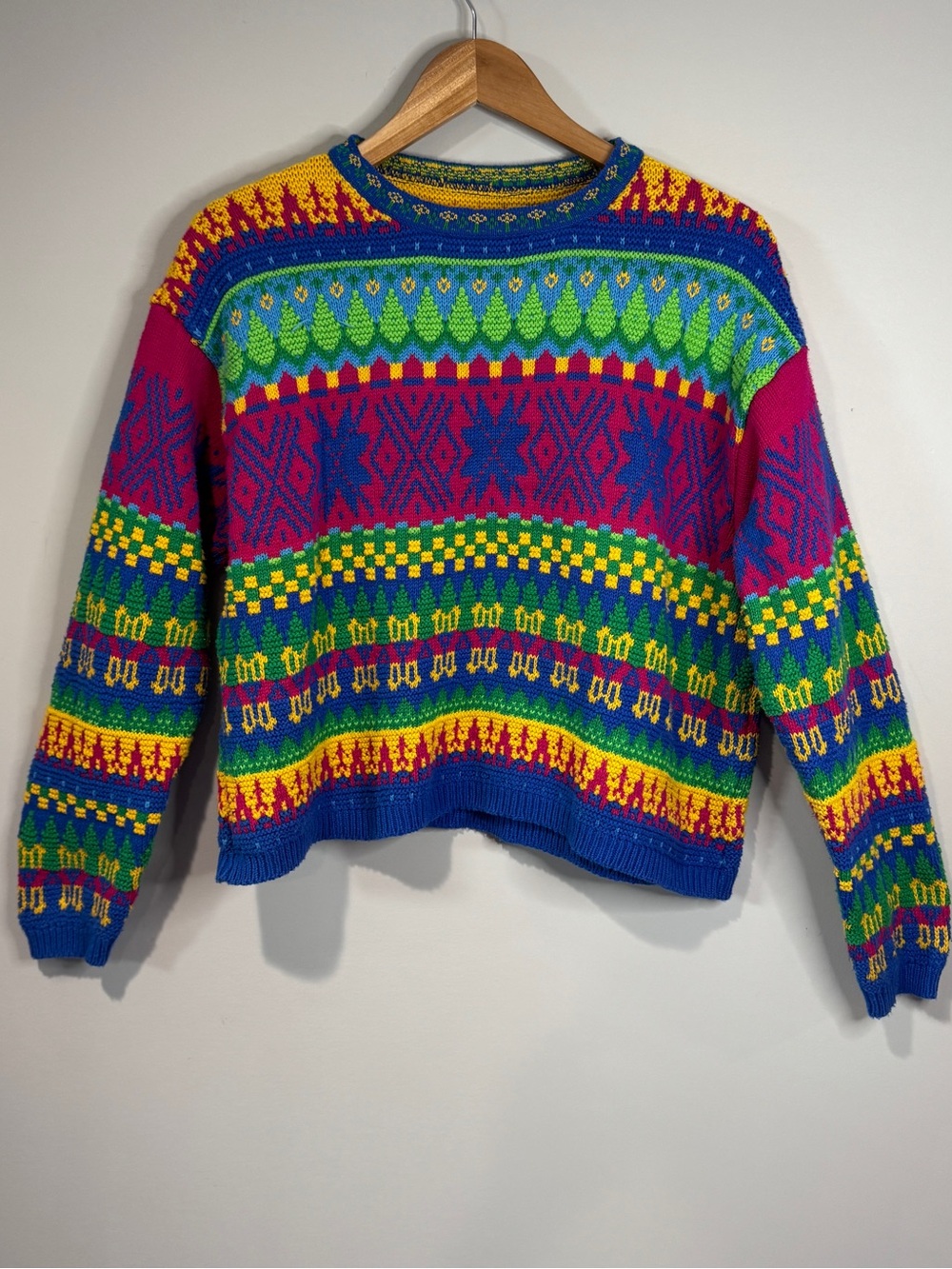 Lizwear Vintage 80s Colorful Geometric Fair Isle Cotton Knit Sweater Retro M
